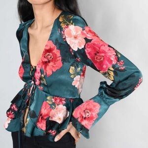 MISA Los Angeles, Green Silky Floral Bloom Lace Up Peplum Ruffles Blouse, Size M